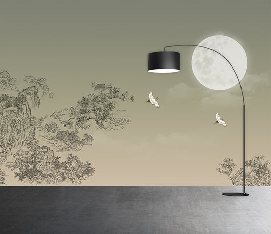 Misty Mountains Oriental Sketch Scenic Wallpaper