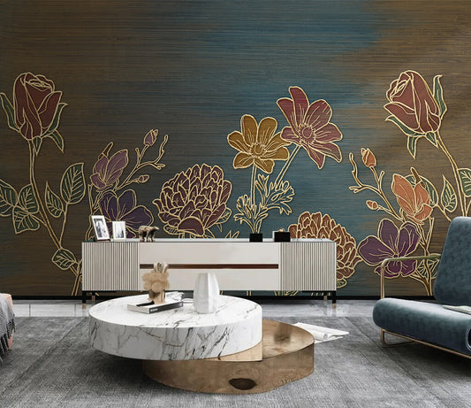 Elegant Botanical Gold-Accent Artisanal Wallpaper Design