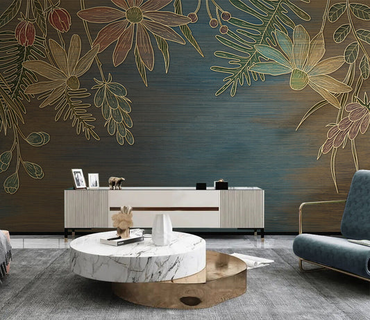 Botanical Elegance Navy Gold Textured Wallpaper