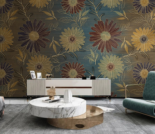 Elegant Blossom Harmony Teal Botanical Wallpaper
