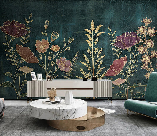 Botanical Elegance Teal Gold Floral Wallpaper