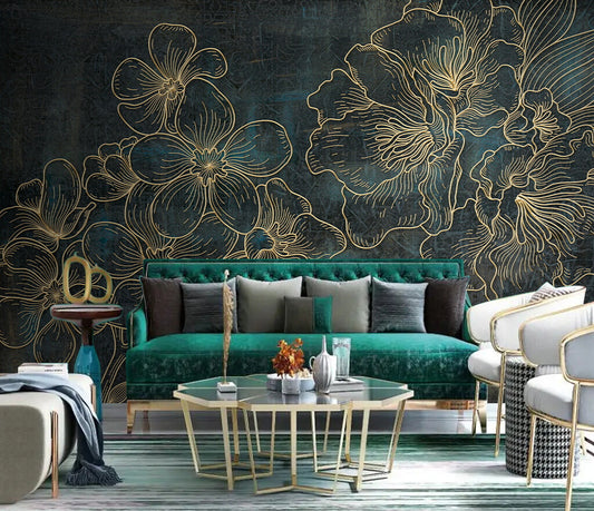 Elegant Midnight Blossoms Gold Accent Wallpaper