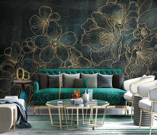Elegant Midnight Blossoms Gold Accent Wallpaper