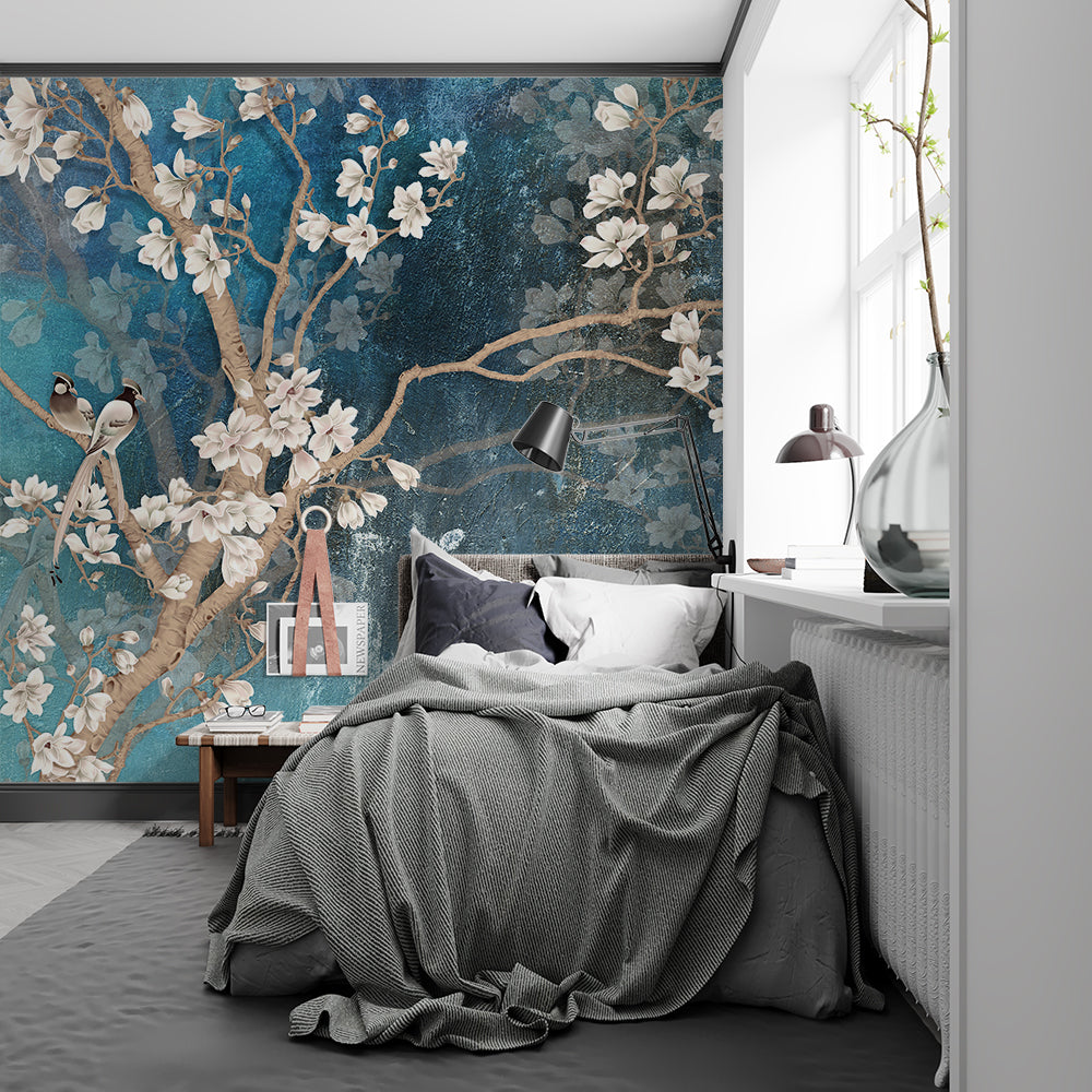 Plum Bird Floral Dutch Flowers Blue Wallpaper Mural,Self-Adhesive Peel And Stick 3D Wall Decor,Australian Company Bedroom Wall Decor