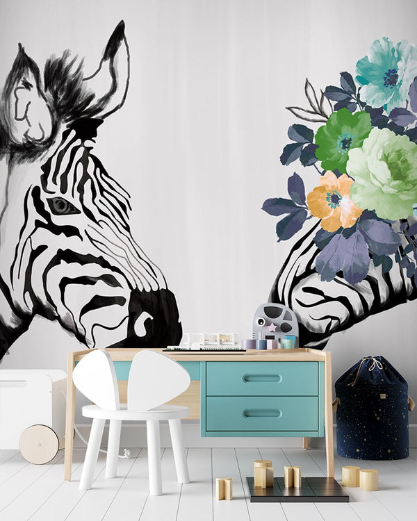 Zebras Dutch Flowers Kids Animal Black&White Wallpaper Mural – DecorsMarket