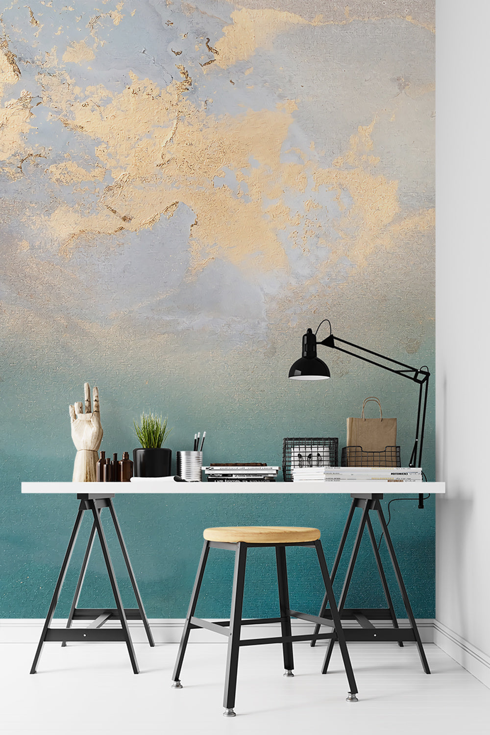 Blue Sea Gold Cloud Painting Wallpaper Mural, Seaside Sky Self-Adhesive Peel And Stick 3D Wall Decor, Designer Removable Wall Decor