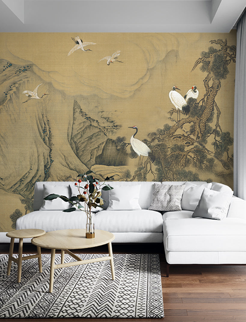 Japanese Cranes Art Traditional Brown Wallpaper Mural,Self-Adhesive Peel And Stick 3D Wall Decor,Bedroom Removable Wall Decor
