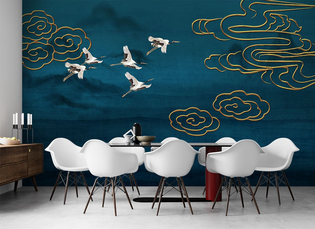 Flying Cranes Art Chinoiserie Blue Wallpaper Mural - Decorsmarket ...