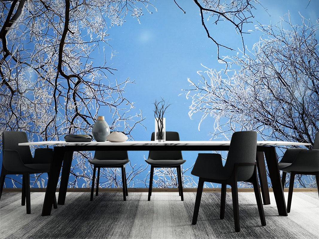 Tree Branch Floral Leaves Blue Wallpaper Mural - Decorsmarket ...