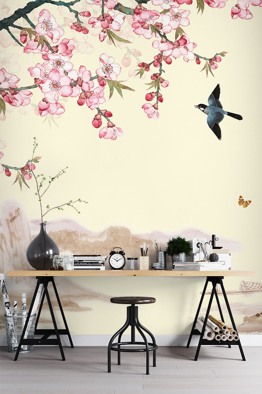 Japanese Cherry Blossom Painting Wallpaper Mural, Magpie Floral Flowers Pink Wallpaper, Self-Adhesive Peel And Stick 3D Wall Paper,Removable Australian Company Wall Decor