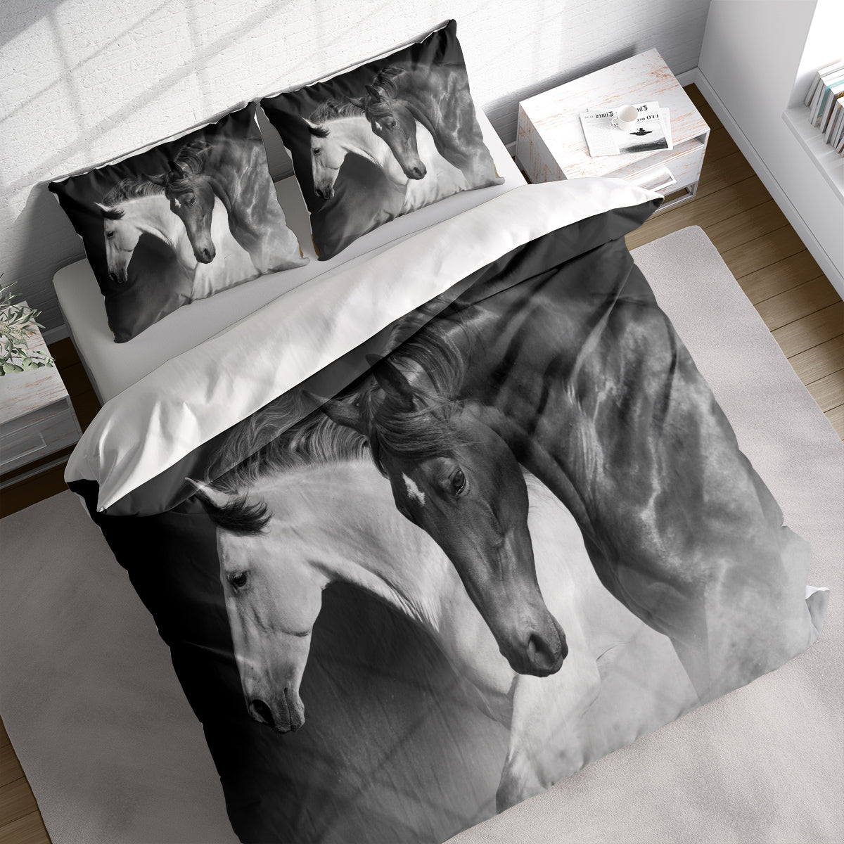 Horses Running Animals Black And White 3D Duvet Cover Set W Pillow Cover, Single Double Queen King Size, Printed Cotton Quilt Doona Cover