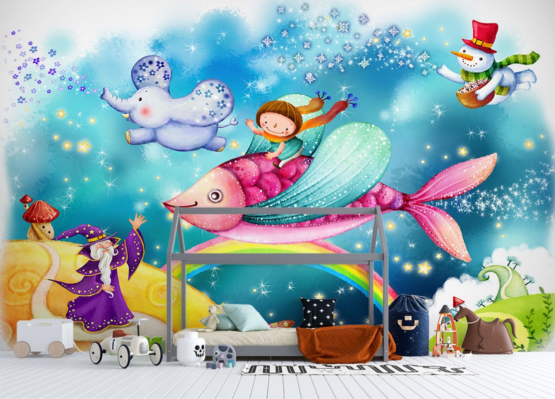 Riding Fish Kids Art For Kids Bright Wallpaper Mural - Decorsmarket ...