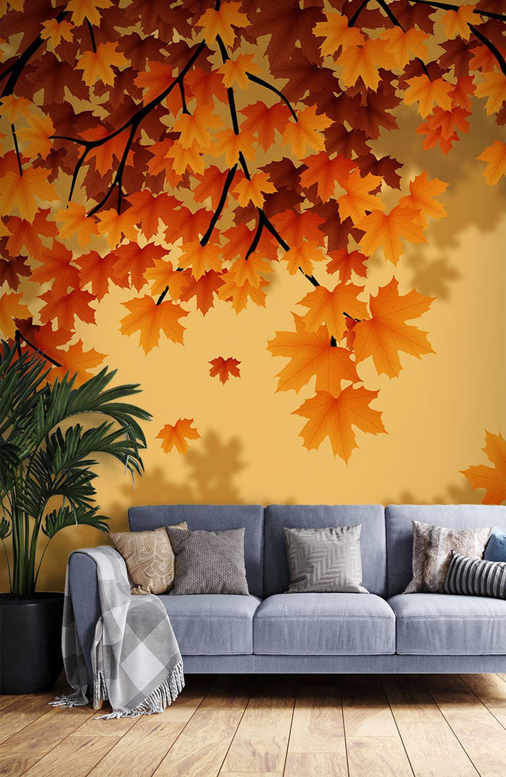Maple Leaves Floral Orange Wallpaper Mural Decorsmarket DecorsMarket