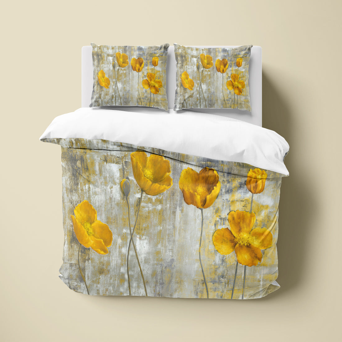 Flowers Painting Floral Yellow 3D Duvet Cover Set W Pillow Cover, Single Double Queen King Size, Printed Cotton Quilt Doona Cover 3 Pcs