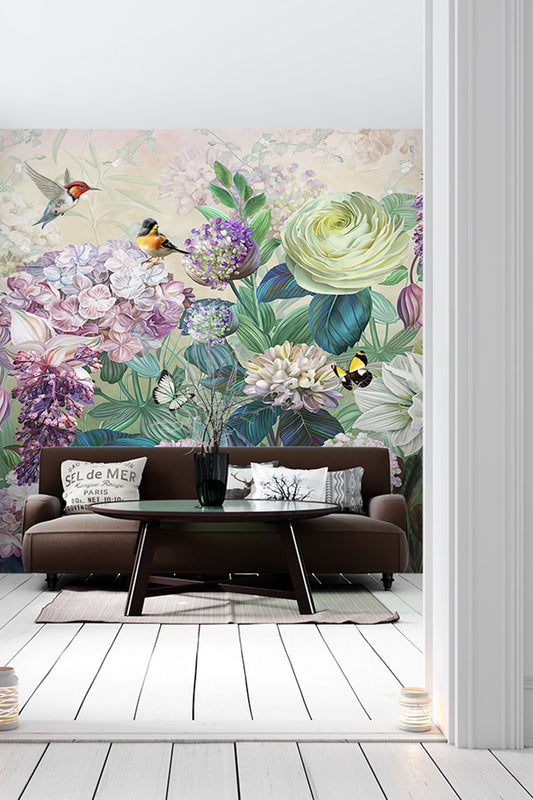 Flowers Birds Painting Wallpaper Mural, Bright Dutch Floral Self-Adhesive Peel And Stick 3D Wall Art,Removable Designer Wall Decor