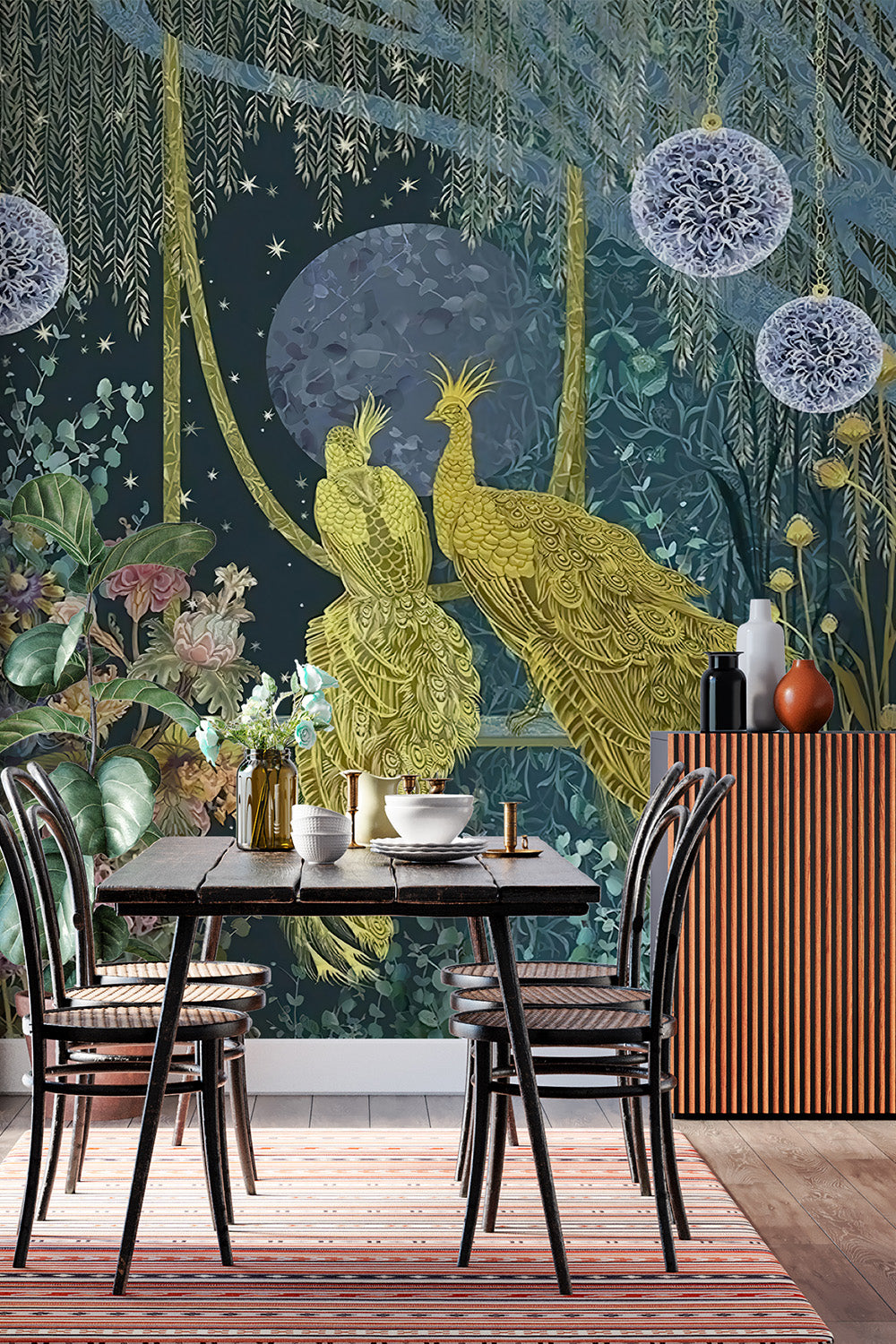 Forest Night Gold Peacock Wallpaper Mural, Trees Forest Green Wallpaper, Self-Adhesive Peel And Stick 3D Wall Mural,Removable Designer Wall Decor