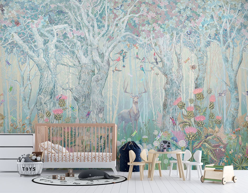 Deer Forest Kids Fantasy Green Wallpaper Mural - Decorsmarket ...