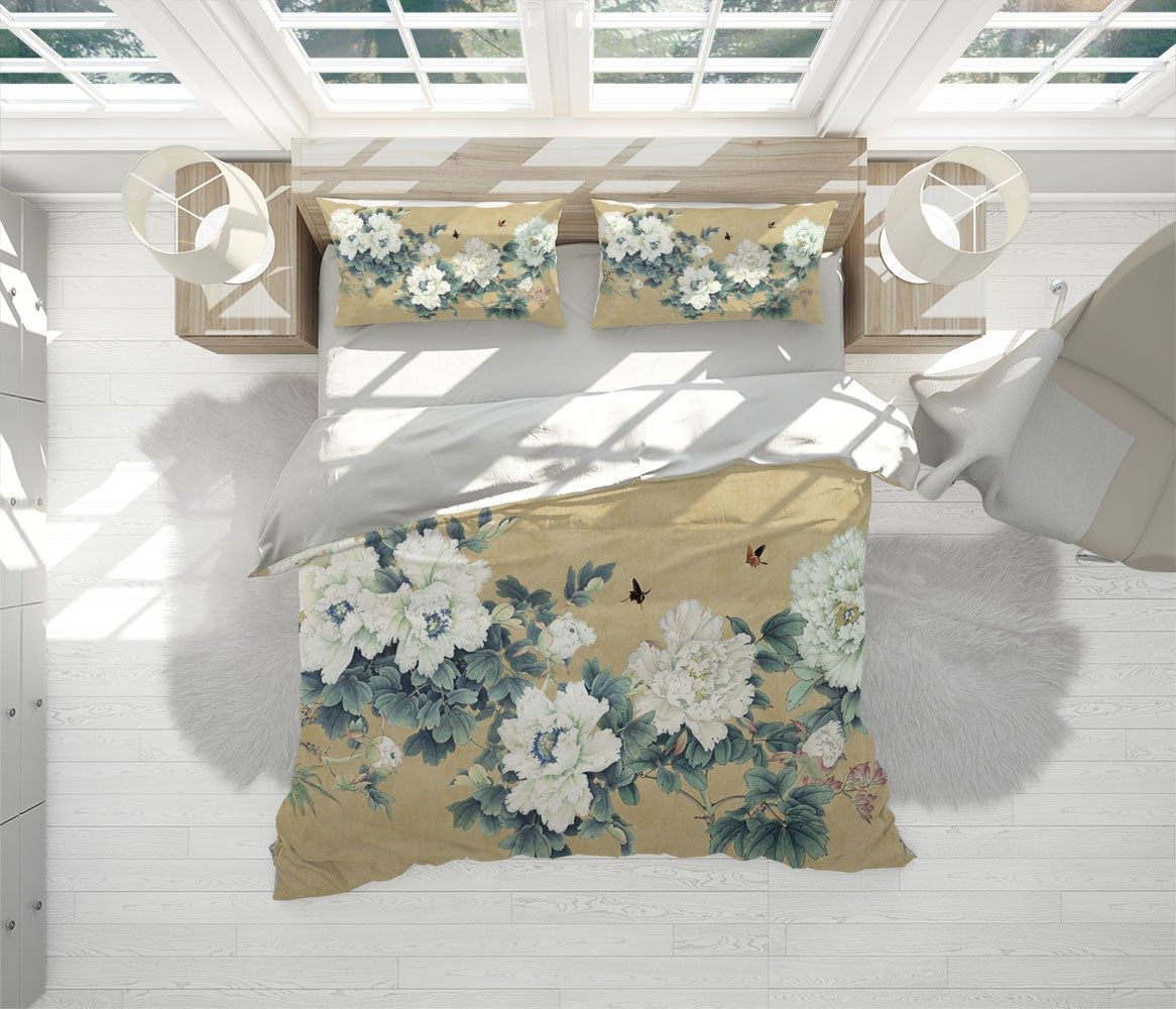 Flower Painting Art Chinoiserie Green 3D Duvet Cover Set W Pillow Cover, Single Double Queen King Size, Printed Cotton Quilt Doona Cover