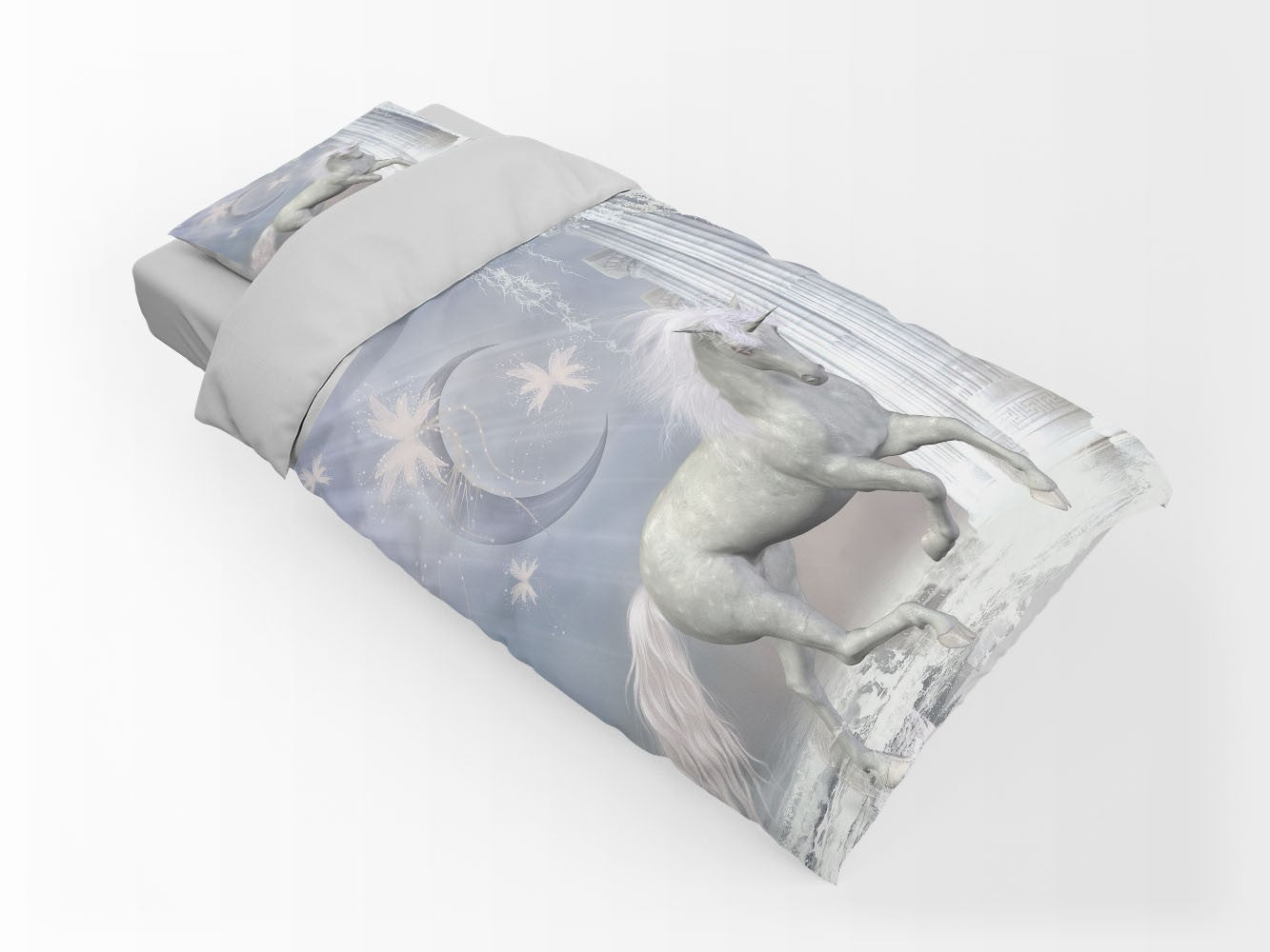 Unicorn Moon Kids Fantasy White 3D Duvet Cover Set W Pillow Cover, Single Double Queen King Size, Printed Cotton Quilt Doona Cover 3 Pcs