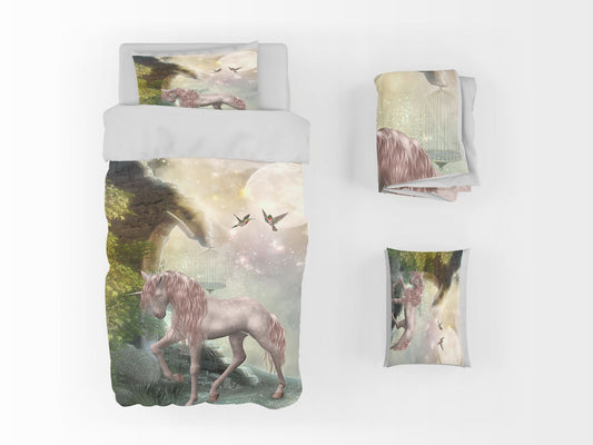 Unicorn Moon Kids Fantasy Green 3D Duvet Cover Set W Pillow Cover, Single Double Queen King Size, Printed Cotton Quilt Doona Cover 3 Pcs