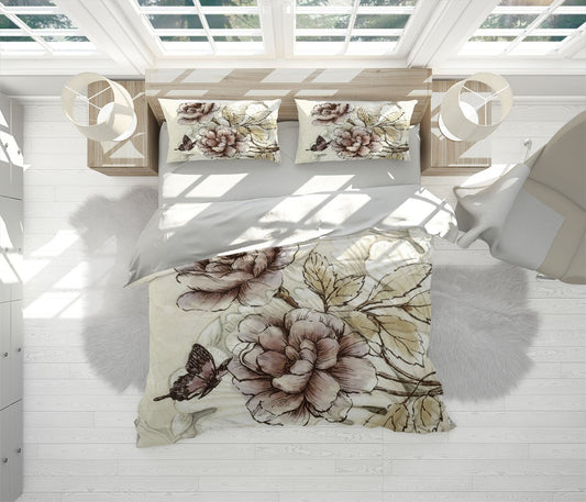Moutan Flower Art Traditional Brown 3D Duvet Cover Set W Pillow Cover, Single Double Queen King Size, Printed Cotton Quilt Doona Cover 3 Pcs