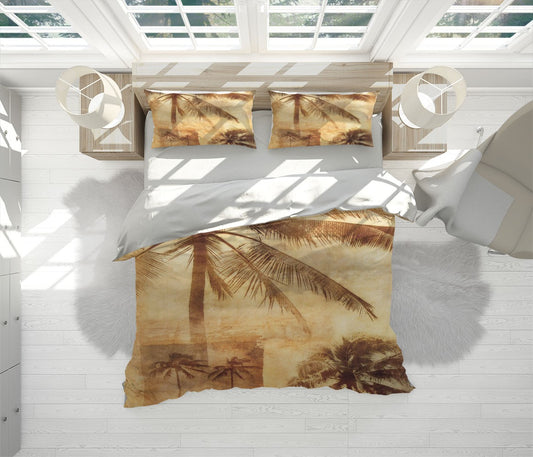 Palm Trees Art Contemporary Brown 3D Duvet Cover Set W Pillow Cover, Single Double Queen King Size, Printed Cotton Quilt Doona Cover 3 Pcs