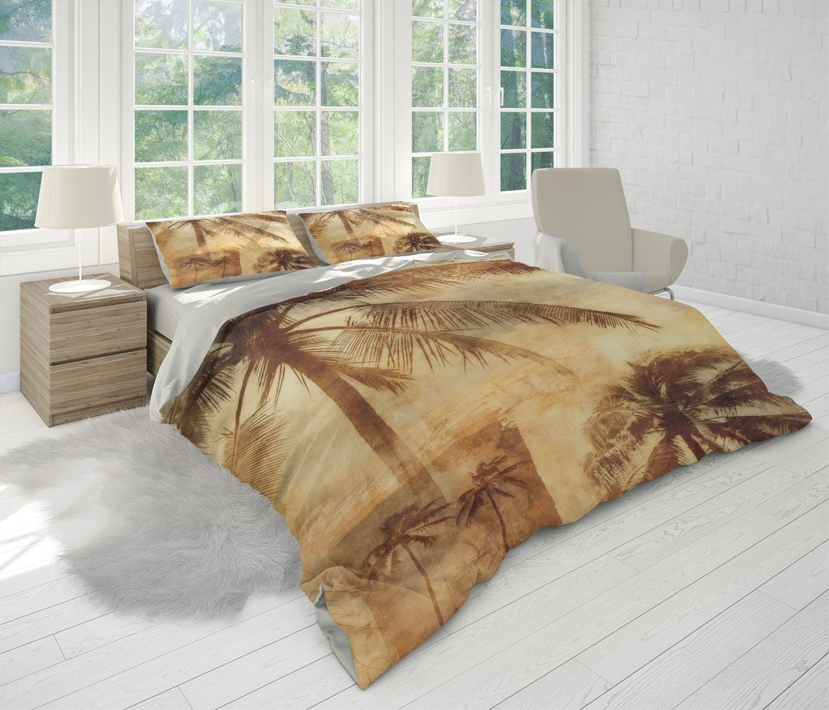 Palm Trees Art Contemporary Brown 3D Duvet Cover Set W Pillow Cover, Single Double Queen King Size, Printed Cotton Quilt Doona Cover 3 Pcs
