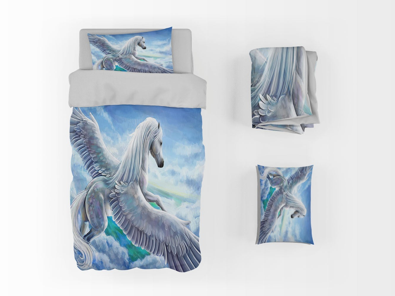 Sky Unicorn Duvet Cover Set W Pillow Cover, Blue Kids Animal 3D Quilt Cover, Single Double Queen King Size Doona Cover