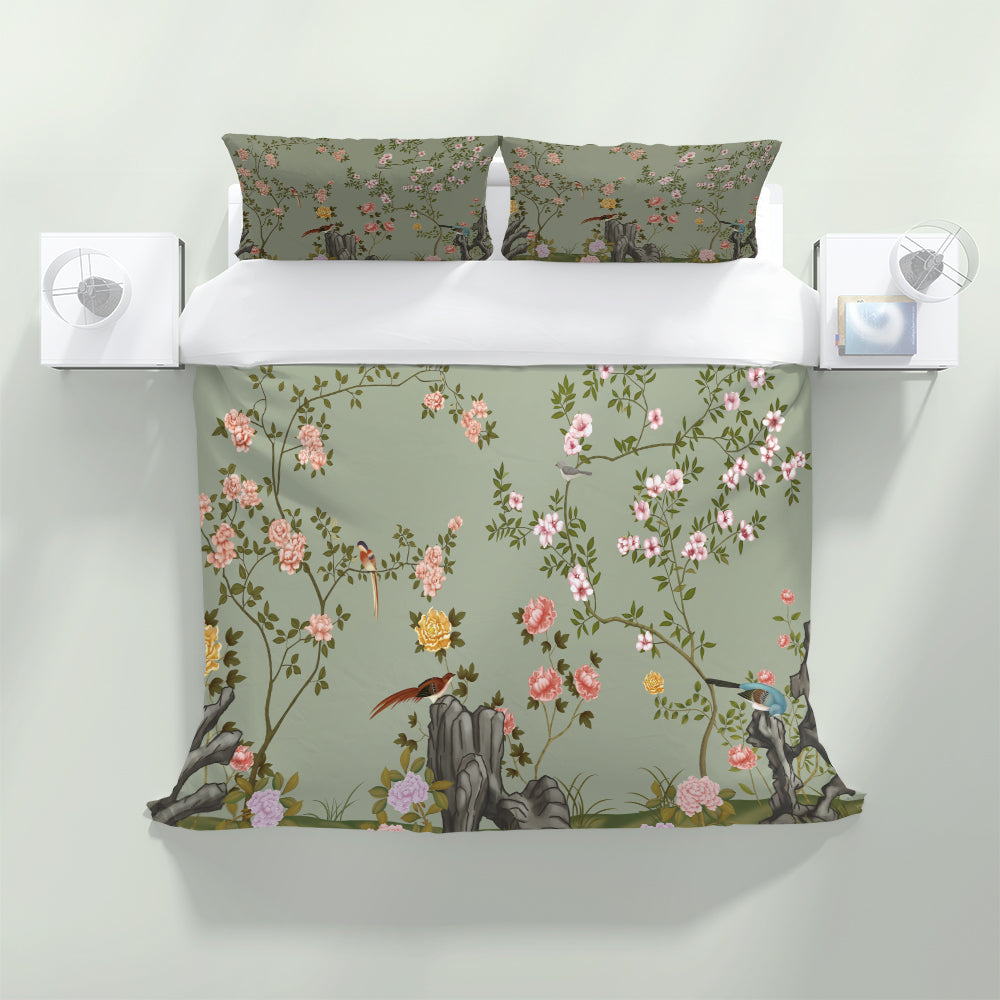 Japanese Bird Duvet Cover Set W Pillow Cover, Green Art Chinoiserie 3D Quilt Cover, Single Double Queen King Size Doona Cover