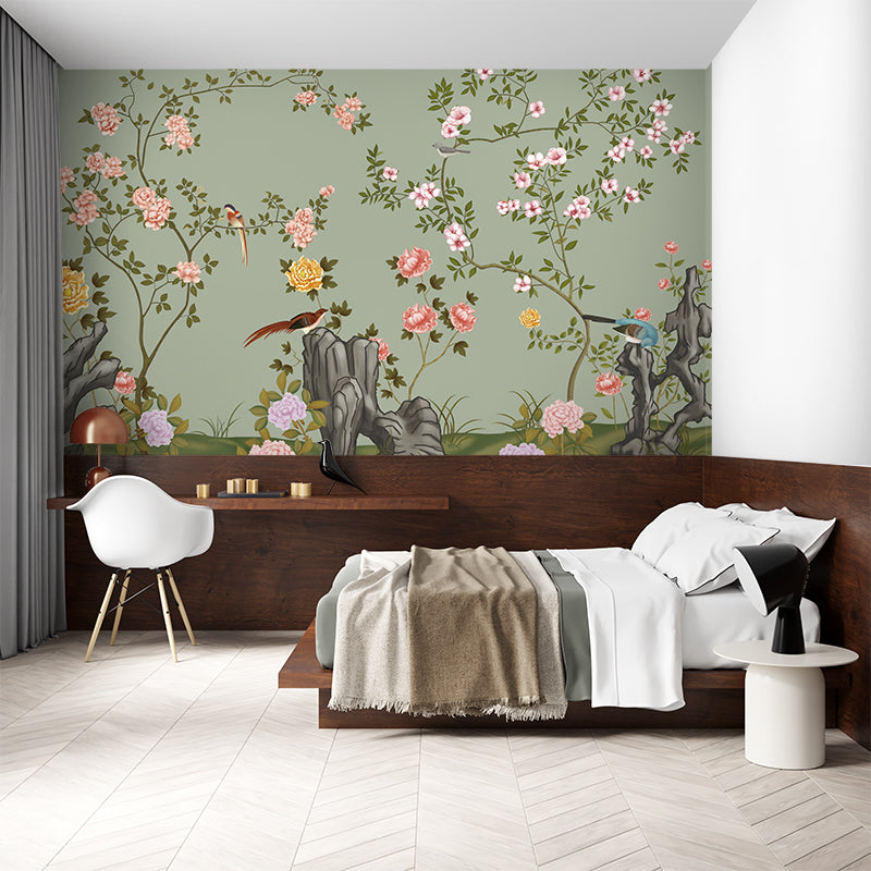 Floral Harmony: Birds Amongst the Blossoms Wallpaper Mural, Japanese Bird Floral Flowers Green Wall Decal, Self-Adhesive Peel And Stick 3D Wall Decor, Australian Company Bedroom Wall Decor