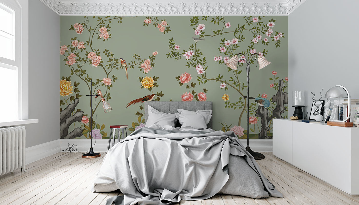 Floral Harmony: Birds Amongst the Blossoms Wallpaper Mural, Japanese Bird Floral Flowers Green Wall Decal, Self-Adhesive Peel And Stick 3D Wall Decor, Australian Company Bedroom Wall Decor