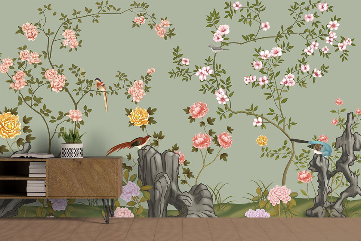 Floral Harmony: Birds Amongst the Blossoms Wallpaper Mural, Japanese Bird Floral Flowers Green Wall Decal, Self-Adhesive Peel And Stick 3D Wall Decor, Australian Company Bedroom Wall Decor