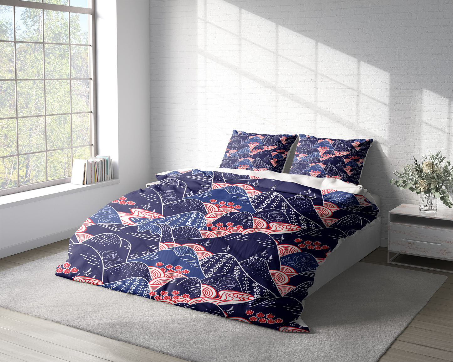 Japanese Kimono Flower Duvet Cover Set w Pillowcases, Blue Mountain Chinoiserie 3D Quilt Cover, 3pc Single Double Queen King Size Doona Cover