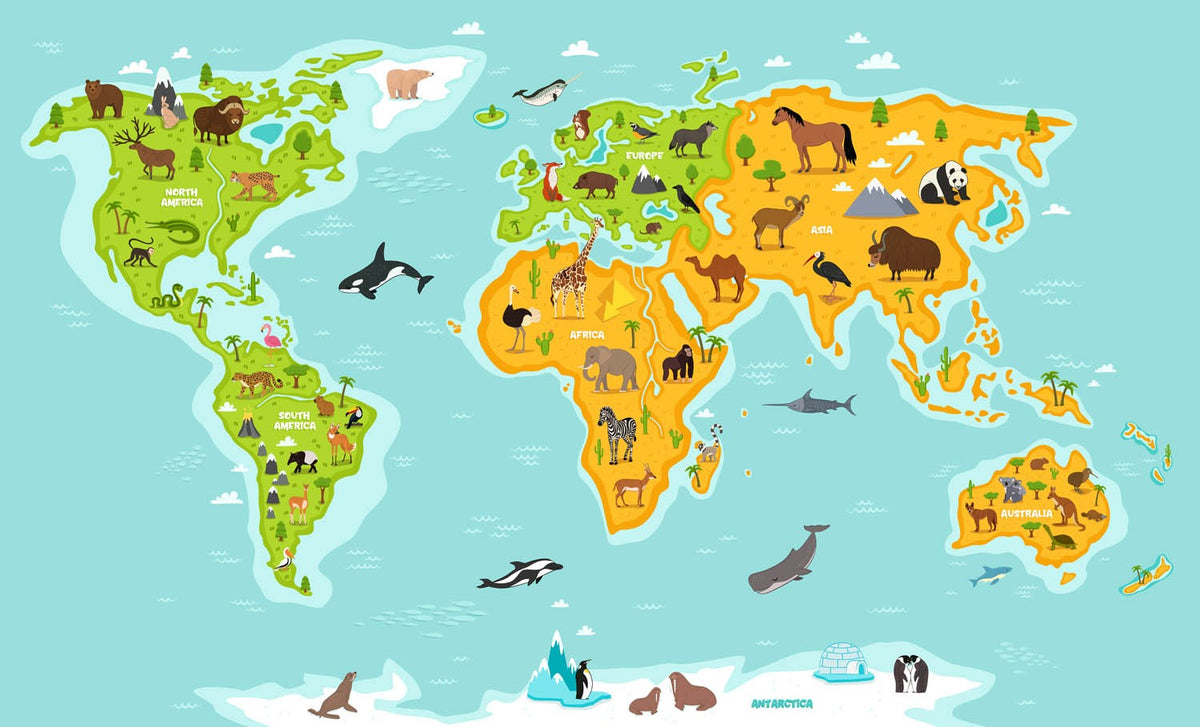 World Animals Kids Map Colorful Wallpaper Mural - Decorsmarket ...